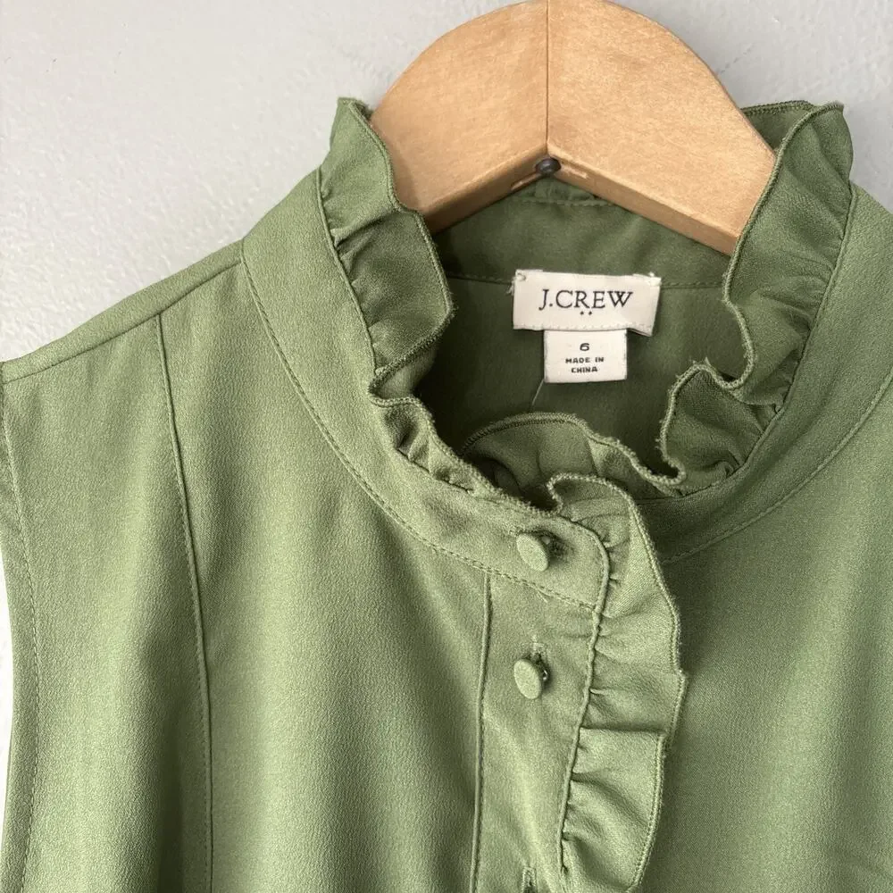 J Crew Ruffled Sleeveless Top Size 6 Green Office Siren Romantic Career Blouse